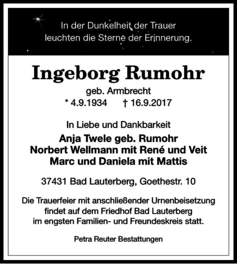  Traueranzeige für Ingeborg Rumohr vom 23.09.2017 aus Harz Kurier