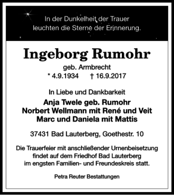 Traueranzeige von Ingeborg Rumohr von Harz Kurier