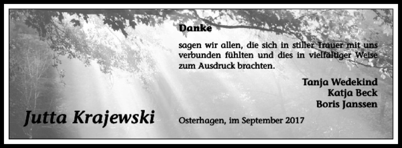  Traueranzeige für Jutta Krajewski vom 29.09.2017 aus Harz Kurier