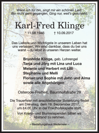 Traueranzeige von Karl-Fred Klinge von Harz Kurier