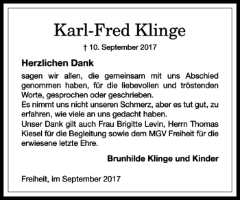 Traueranzeige von Karl-Fred Klinge von Harz Kurier
