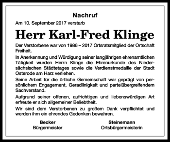 Traueranzeige von Karl-Fred Klinge von Harz Kurier