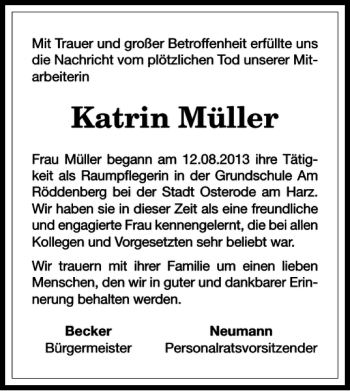 Traueranzeige von Katrin Müller von Harz Kurier