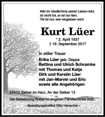 Traueranzeige von Kurt Lüer von Harz Kurier