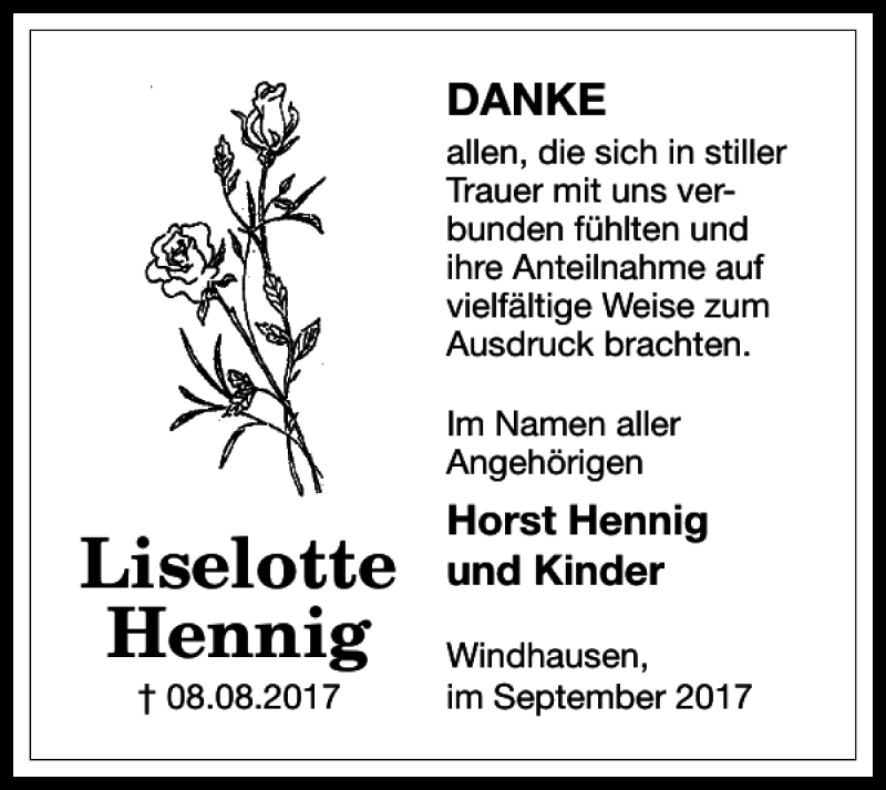  Traueranzeige für Liselotte Hennig vom 02.09.2017 aus Harz Kurier