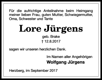 Traueranzeige von Lore Jürgens von Harz Kurier