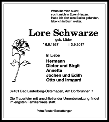 Traueranzeige von Lore Schwarze von Harz Kurier