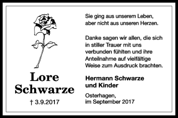 Traueranzeige von Lore Schwarze von Harz Kurier