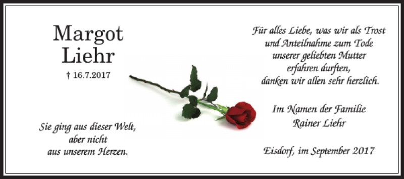  Traueranzeige für Margot Liehr vom 16.09.2017 aus Harz Kurier
