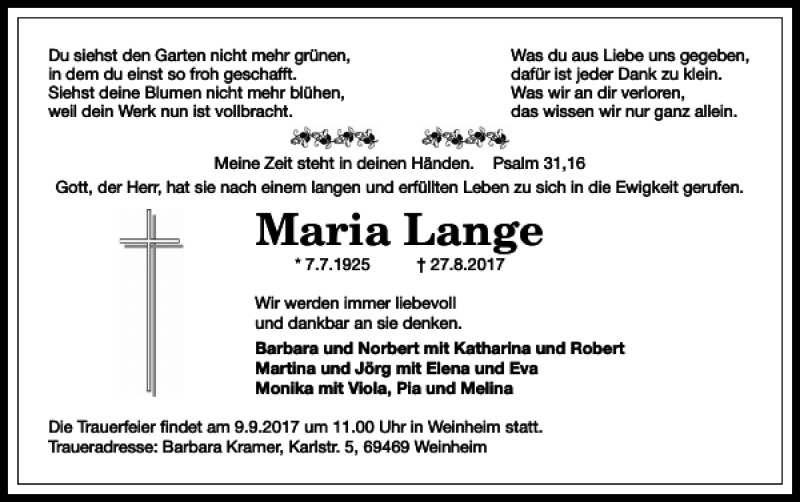  Traueranzeige für Maria Lange vom 02.09.2017 aus Harz Kurier