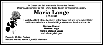 Traueranzeige von Maria Lange von Harz Kurier
