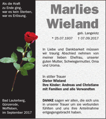 Traueranzeige von Marlies Wieland von Harz Kurier