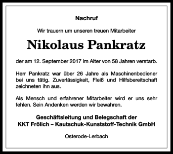 Traueranzeige von Nikolaus Pankratz von Harz Kurier