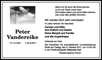 Traueranzeige von Peter Vandereike von Harz Kurier