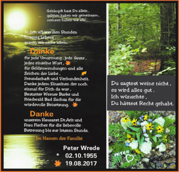 Traueranzeige von Peter Wrede von Harz Kurier