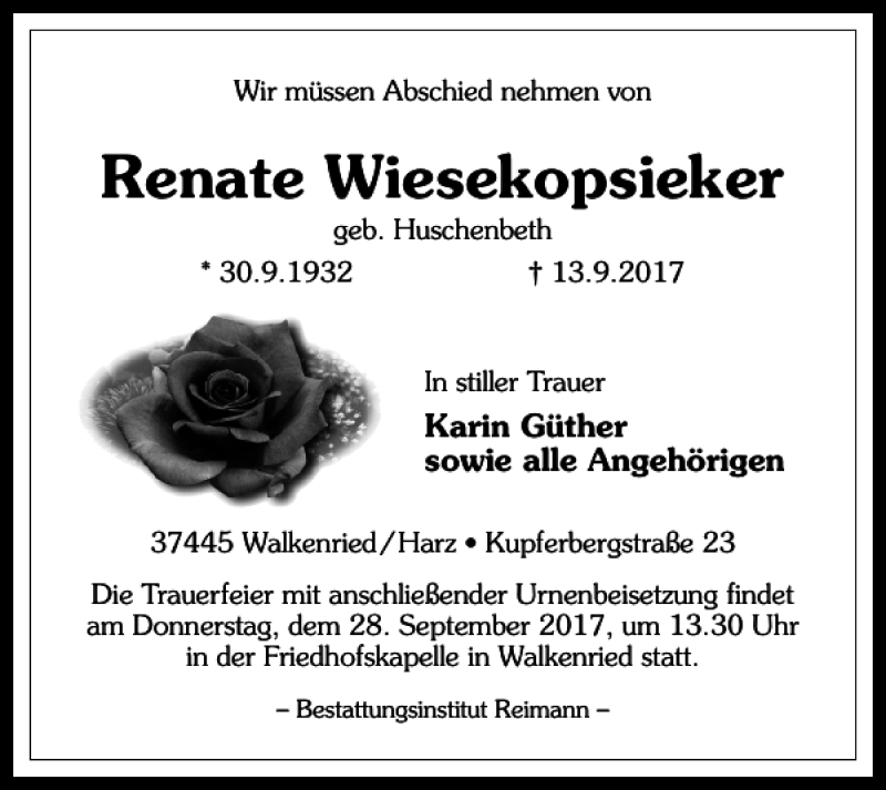  Traueranzeige für Renate Wiesekopsieker vom 23.09.2017 aus Harz Kurier