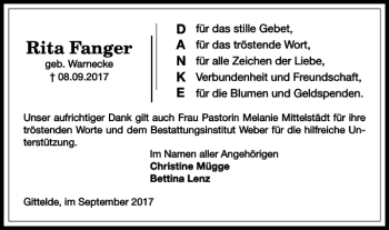 Traueranzeige von Rita Fanger von Harz Kurier