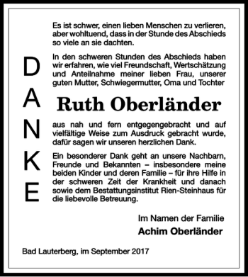Traueranzeige von Ruth Oberländer von Harz Kurier