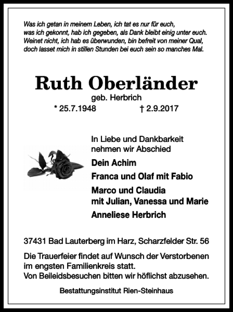  Traueranzeige für Ruth Oberländer vom 09.09.2017 aus Harz Kurier