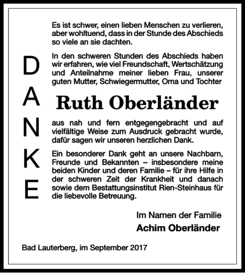  Traueranzeige für Ruth Oberländer vom 30.09.2017 aus Harz Kurier