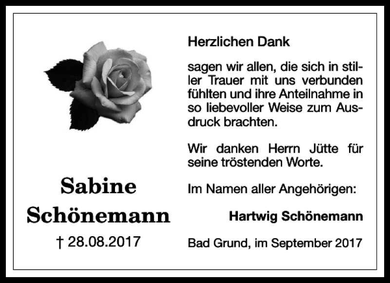  Traueranzeige für Sabine Schönemann vom 23.09.2017 aus Harz Kurier