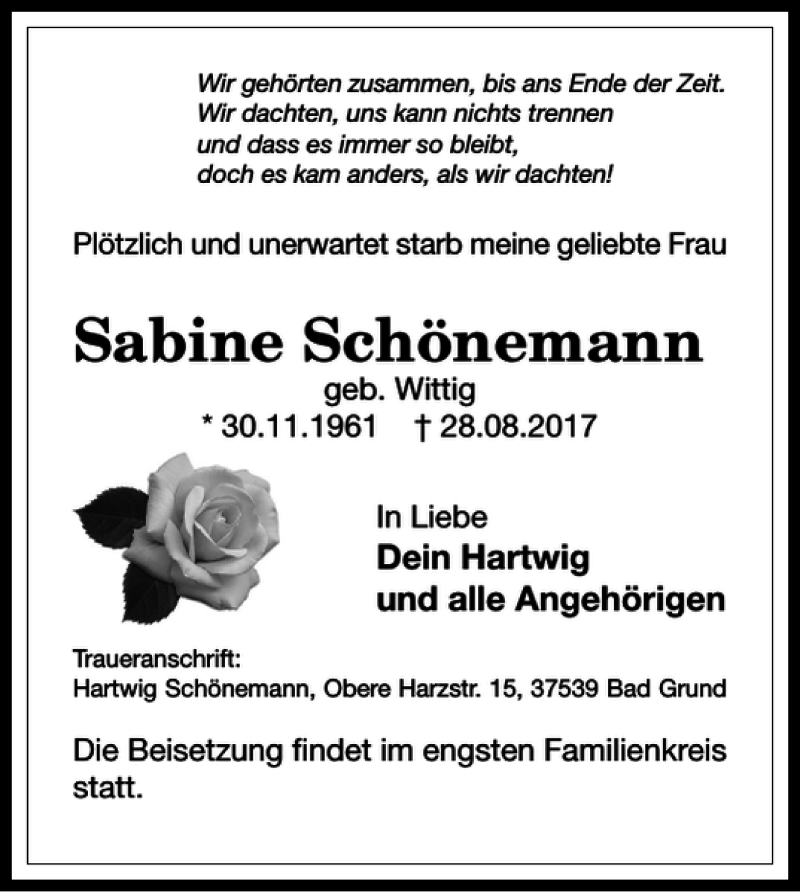  Traueranzeige für Sabine Schönemann vom 02.09.2017 aus Harz Kurier