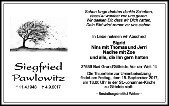 Traueranzeige von Siegfried Pawlowitz von Harz Kurier