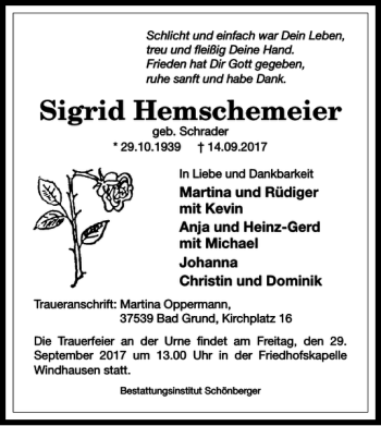 Traueranzeige von Sigrid Hemschemeier von Harz Kurier