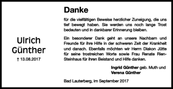 Traueranzeige von Ulrich Günther von Harz Kurier