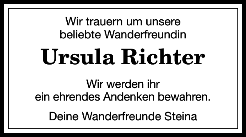  Traueranzeige für Ursula Richter vom 16.09.2017 aus Harz Kurier
