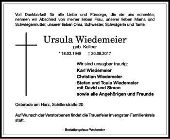 Traueranzeige von Ursula Wiedemeier von Harz Kurier