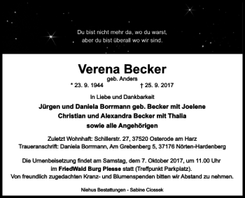 Traueranzeige von Verena Becker von Harz Kurier