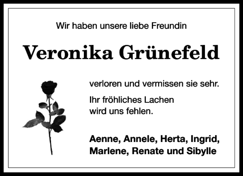  Traueranzeige für Veronika Grünefeld vom 20.09.2017 aus Harz Kurier