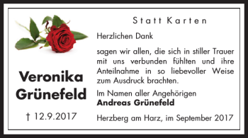 Traueranzeige von Veronika Grünefeld von Harz Kurier