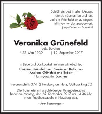Traueranzeige von Veronika Grünefeld von Harz Kurier