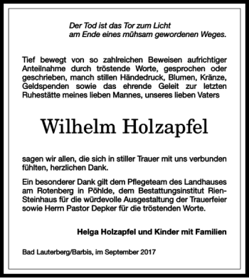 Traueranzeige von Wilhelm Holzapfel von Harz Kurier