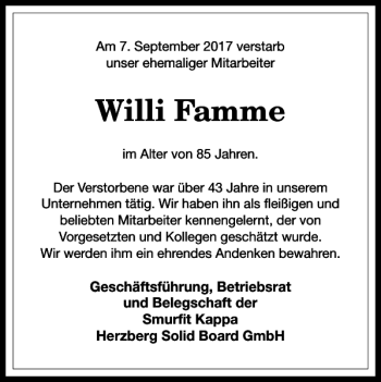 Traueranzeige von Willi Famme von Harz Kurier