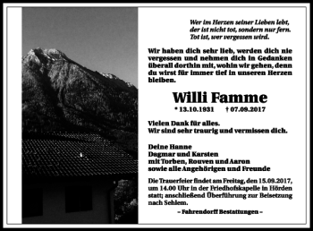 Traueranzeige von Willi Famme von Harz Kurier