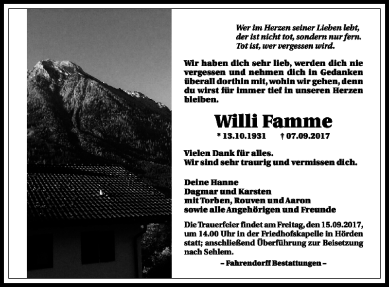  Traueranzeige für Willi Famme vom 12.09.2017 aus Harz Kurier