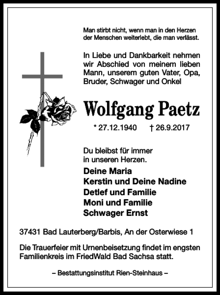  Traueranzeige für Wolfgang Paetz vom 29.09.2017 aus Harz Kurier