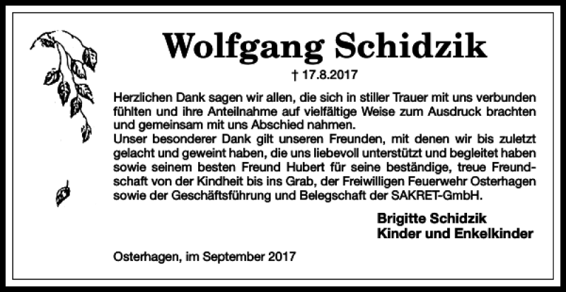  Traueranzeige für Wolfgang Schidzik vom 09.09.2017 aus Harz Kurier