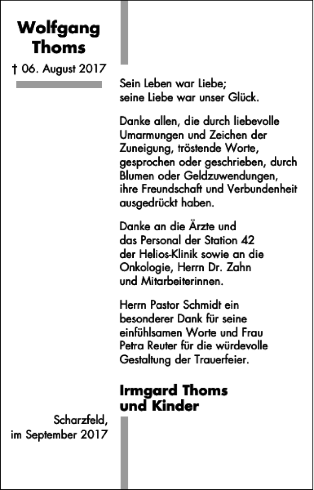  Traueranzeige für Wolfgang Thoms vom 02.09.2017 aus Harz Kurier