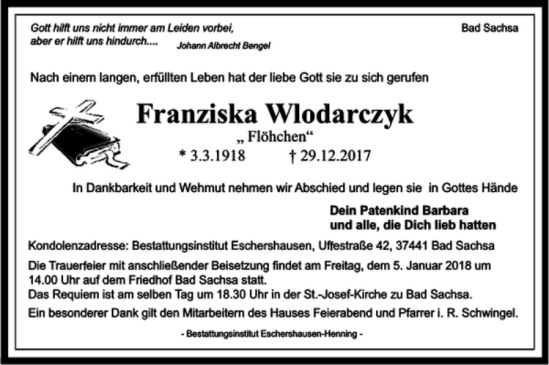  Traueranzeige für Franziska Wlodarczyk vom 03.01.2018 aus Harz Kurier