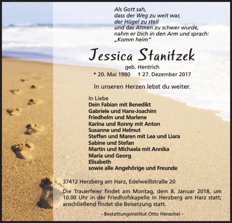  Traueranzeige für Jessica Stanitzek vom 03.01.2018 aus Harz Kurier