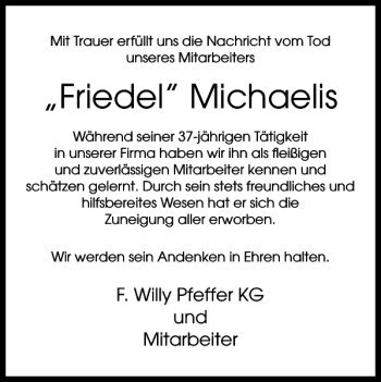 Traueranzeige von Friedel Michaelis von Harz Kurier