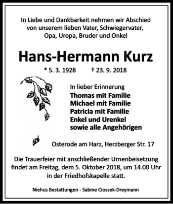 Traueranzeige von Hans-Hermann Kurz von Harz Kurier