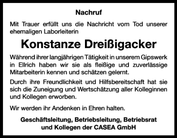 Traueranzeige von Konstanze Dreißigacker von Harz Kurier