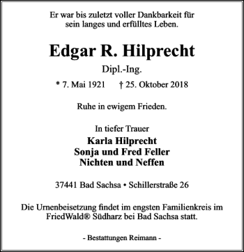 Traueranzeige von Edgar R. Hilprecht von Harz Kurier