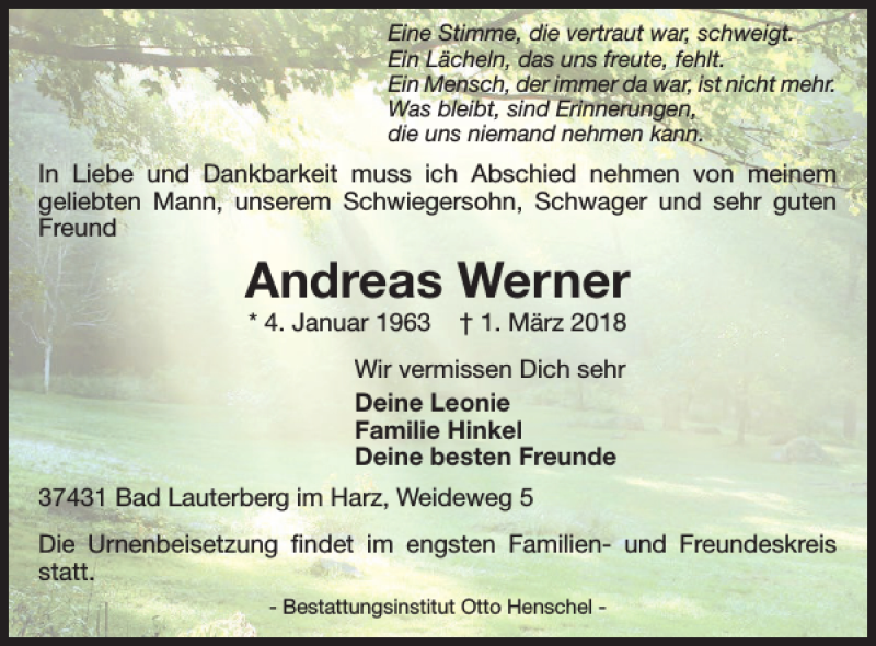  Traueranzeige für Andreas Werner vom 07.03.2018 aus Harz Kurier