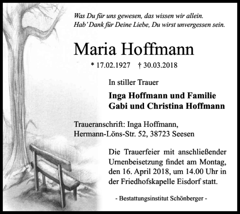  Traueranzeige für Maria Hoffmann vom 07.04.2018 aus Harz Kurier